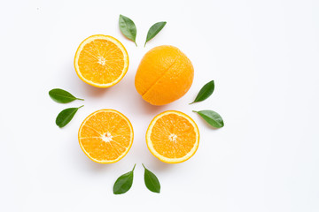 High vitamin C. Fresh orange citrus fruit with leaves isolated on white background.