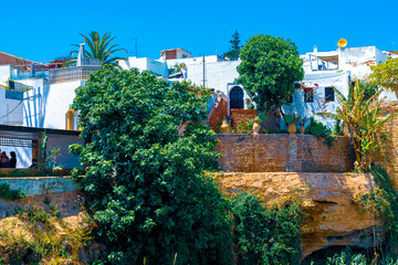 Medieval walls and white houses of Kasbah of the Udayas at the Bou Regreg river on a sunny day....