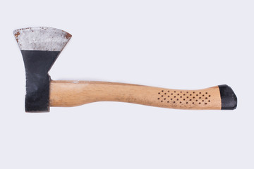 Axe with wooden handle. Old axe isolated on white background.