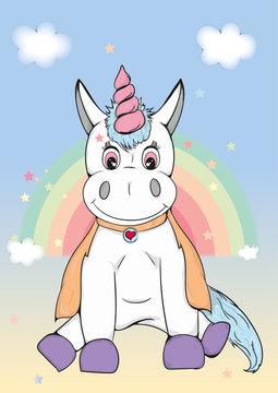 Fototapeta unicorn, jednorożec, cartoon, kreskówkowy, tęcza, rainbow