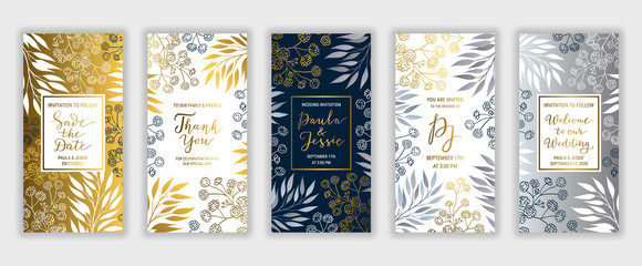 Invitation card template vector set. Elegant branches, leaves, gypsophila flower background. Thank you, Save the date, Welcome to our Wedding lettering phrase inscription. Silver, white, gold decor.