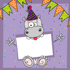 Happy birthday greeting card with cute hippo and blank label