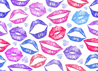 Pink watercolor lips seamless pattern Hand made illustration. Half-open lips. Cool shades