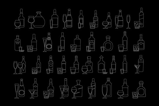 Bottles and glasses illustration for bars, pubs and restaurants. Creative decoration for parties, flyers, brochures, t-shirts. Chalk board style. vector