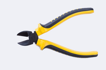 Obraz premium Pliers with rubber handle on white background. Tool for electrician or repairman. Sale of instrument for repair.