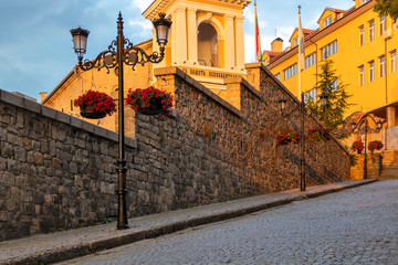 Amazing sunset view of The Virgin Mary Eastern Orthodox Church in city of Plovdiv, Bulgaria