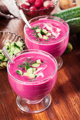 Cold beet soup with egg, cucumber and greens