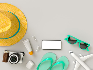 Suitcase with sun glasses, slippers, hat, suntan cream, phone and camera on gray minimal style background. Travel concept. 3D model render visualization illustration
