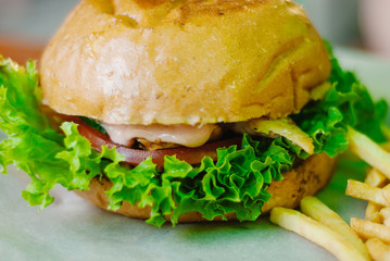 home made chicken burger with french fries