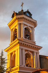 Amazing sunset view of The Virgin Mary Eastern Orthodox Church in city of Plovdiv, Bulgaria