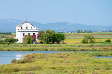 Casa blanca de varios pisos solitaria en medio de un paisaje con humedales y campos de arroz.