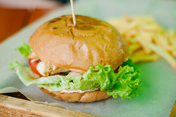 home made chicken burger with french fries