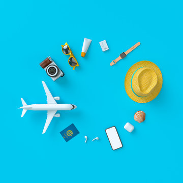 Flatlay with toy plane with sun glasses, slippers, hat, suntan cream, phone and camera on blue minimal style background. Travel concept. 3D model render visualization illustration