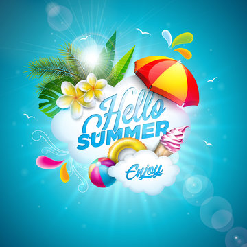 Vector Hello Summer Holiday Illustration with Flower and Beach Ball on Ocean Blue Background. Tropical Plants, Float, Palm Leaves, Ice Cream and Sunshade for Banner, Flyer, Invitation, Brochure