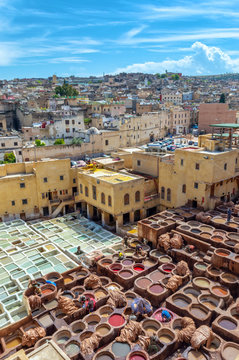 Aerial view of leather tanneries, Fez, Morocco