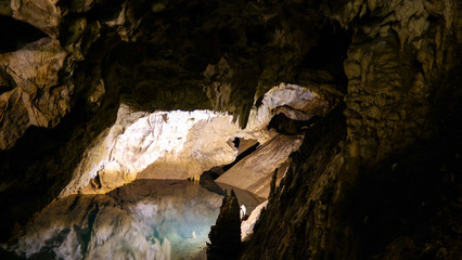 Interior view to Vrelo cave, Matka Canyon, North Macedonia