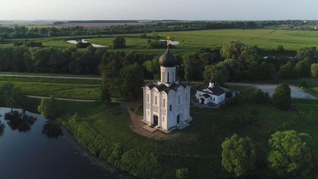 Church of the Intercession on the Nerl near Vladimir, Russia. Aerial shot