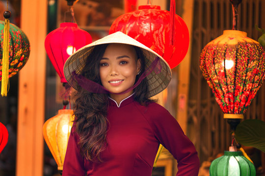 Young asian woman in traditional vietnamese dress ao dai