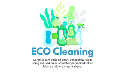 Vector background with eco friendly household cleaning supplies. Natural detergents. Landing page template. Products for house washing. Green home. Online store. Banner, mailing, advertising, label