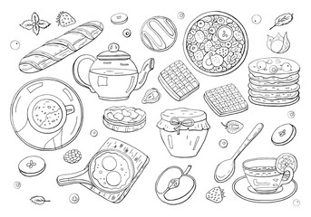 Black and white hand drawn elements for breakfast isolated on white background.