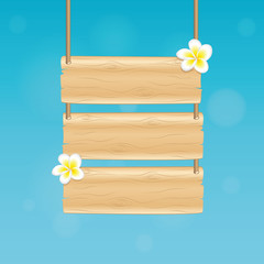 blank hanging wooden sign with frangipani tropical flowers on blue background vector illustration EPS10