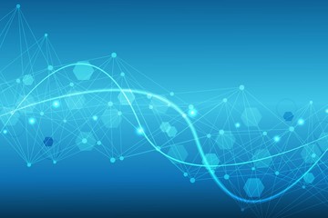 Science network pattern, connecting lines and dots. Technology hexagons structure or molecular connect elements.