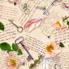 Hand written letters, wild roses, post stamps, watercolor feathers, keys on paper texture with text. Seamless pattern, vintage style
