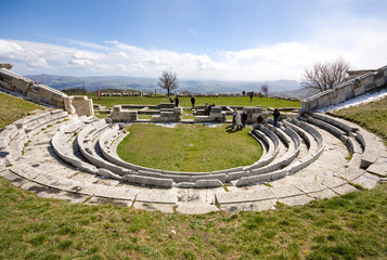 Pietrabbondante, Isernia, Molise, Italy - june 3 2019: Samnite theater. Archaeological area of the theater and Italic temple of Pietrabbondante.