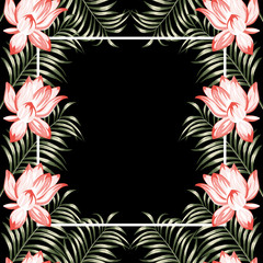 Lotus flowers fern floral frame black background