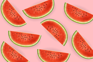 Watermelon slices Vector realistic. Summer tropic seaside view background. 3d detailed juicy fruits slices