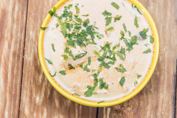 Fresh tasty soup with Asian curry and spices. Beautiful yellow soup dishes with fresh vegetables. Buffet of Assorted of Chinese Food Dishes.