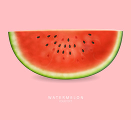 Watermelon slices Vector realistic. Summer tropic seaside view background. 3d detailed juicy fruits slices