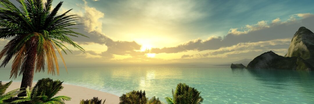 Beautiful panorama of the ocean sunset, sea sunset, beach with palm trees on the background of a rocky island