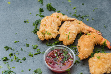 Buffet of Assorted of Chinese Food Dishes. Delicious prawns fried in oil.