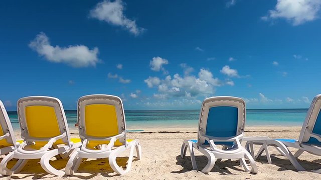 Perfect day on the ocean coast Coco Cay landscape with sunbeds
