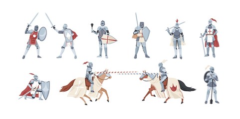 Collection of knights. Bundle of warriors holding sword, shield, mace or fighting in battle isolated on white background. Set of medieval heroes wearing armor. Flat cartoon vector illustration. - obrazy, fototapety, plakaty