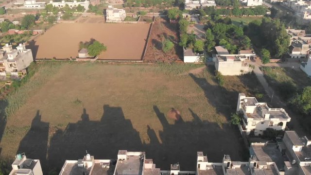 An aerial over the Basant Avenue, An Urban City located in Ludiana Punjab India, skyline including rooftop water tower.