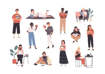 Fototapeta na wymiar Collection of people reading or students studying and preparing for examination. Set of book lovers, readers, modern literature fans isolated on white background. Flat cartoon vector illustration.