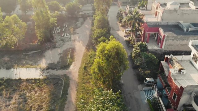 An aerial over the Basant Avenue Morning in summers, An Urban City located in Ludhiana Punjab India, skyline rooftop .