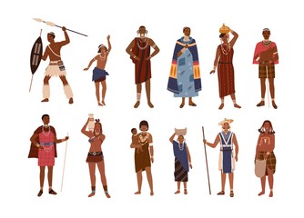 Collection of aboriginal or indigenous people of Africa dressed in ethnic clothes isolated on white background. Set of men, women and children from African tribes. Flat cartoon vector illustration.