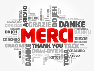Merci (Thank You in French) word cloud in different languages