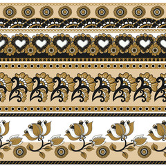 Vector set of colorful seamless borders . Ethnic indian kalamkari ornament. Ornamental folk design in oriental style