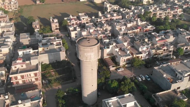 An aerial over the Basant Avenue, An Urban City located in Ludiana Punjab India, skyline including rooftop water tower.