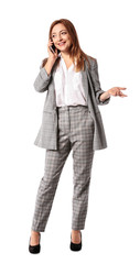 Fototapeta premium Portrait of mature businesswoman talking by phone on white background