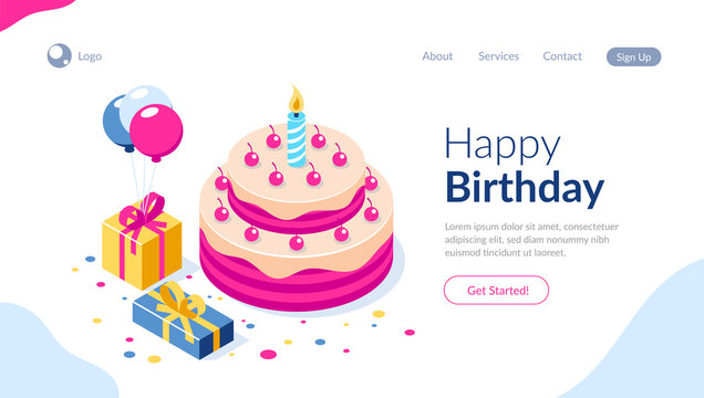 Happy Birthday 3d vector concept. Cake with a candle. Box with gifts and balloons. Can use for web banner, infographics, hero images. Flat isometric vector illustration.