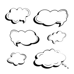 Set of black and white icons of clouds and explosions for text and slogans made in the style of comics. Comic cartoon vector. Isolated objects in pop art style