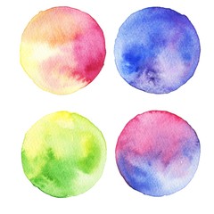 Hand drawn watercolor circle stains, colorful illustration isolated on white background.