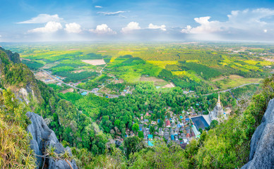 Panorama view from Tiger Cave Temple to asian countryside and Tham Sua Pagoda. Krabi, Thailand