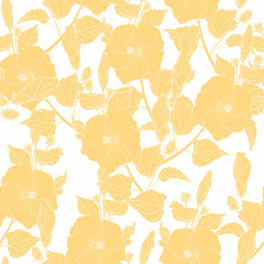 Floral seamless pattern. Hibiscus flowers, buds, various plants, foliage, line yellow branches. White background.