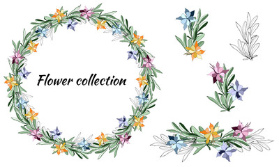 Fototapeta na wymiar Set of vintage floral patterns. Vector wreath of colorful flowers and green leaves. Vector brush for decorating cards, designer greetings